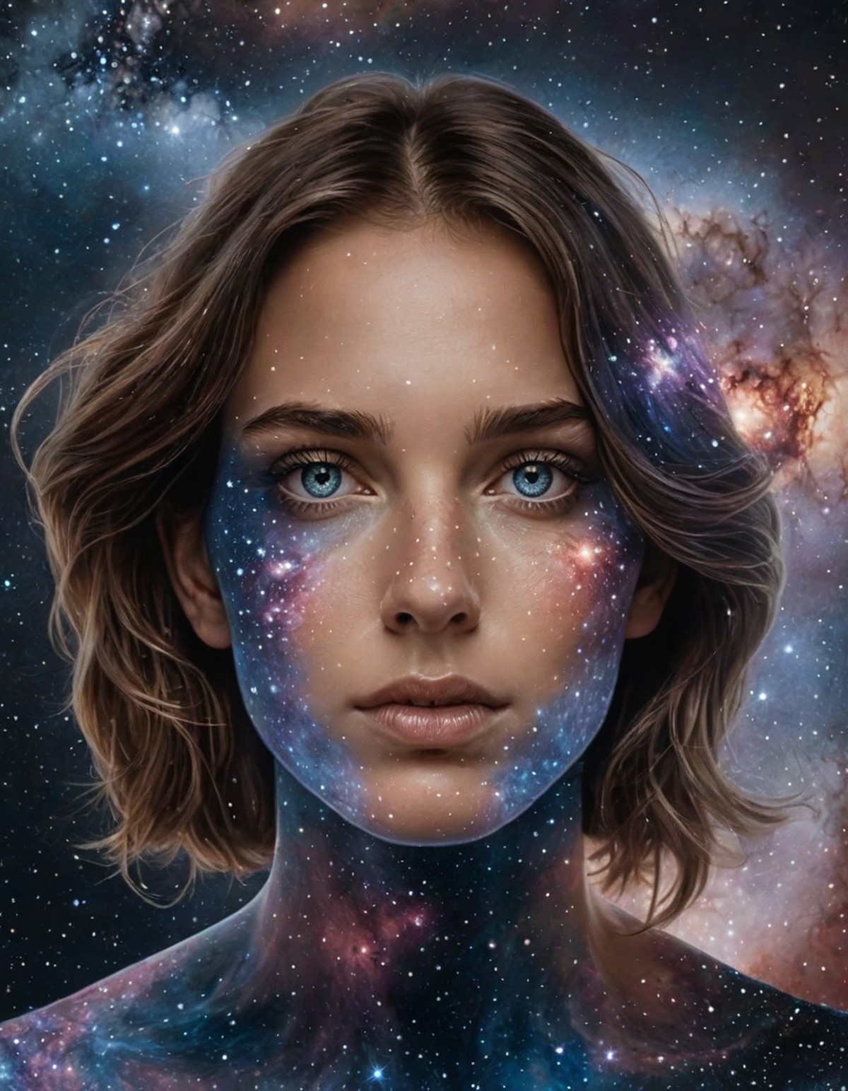 A photo-realistic portrait of a person whose face is morphing into a galaxy, intricate accurate details, focus on the tran...